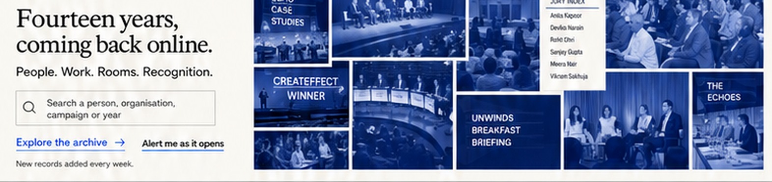 A blue-toned collage of DMAasia rooms, juries, audiences and recognition moments
